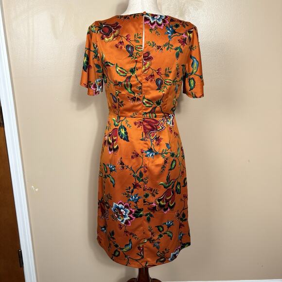 Ann Taylor Factory Orange Satin Floral Midi Dress SIze 2 Romantic Cottagecore - Picture 3 of 12